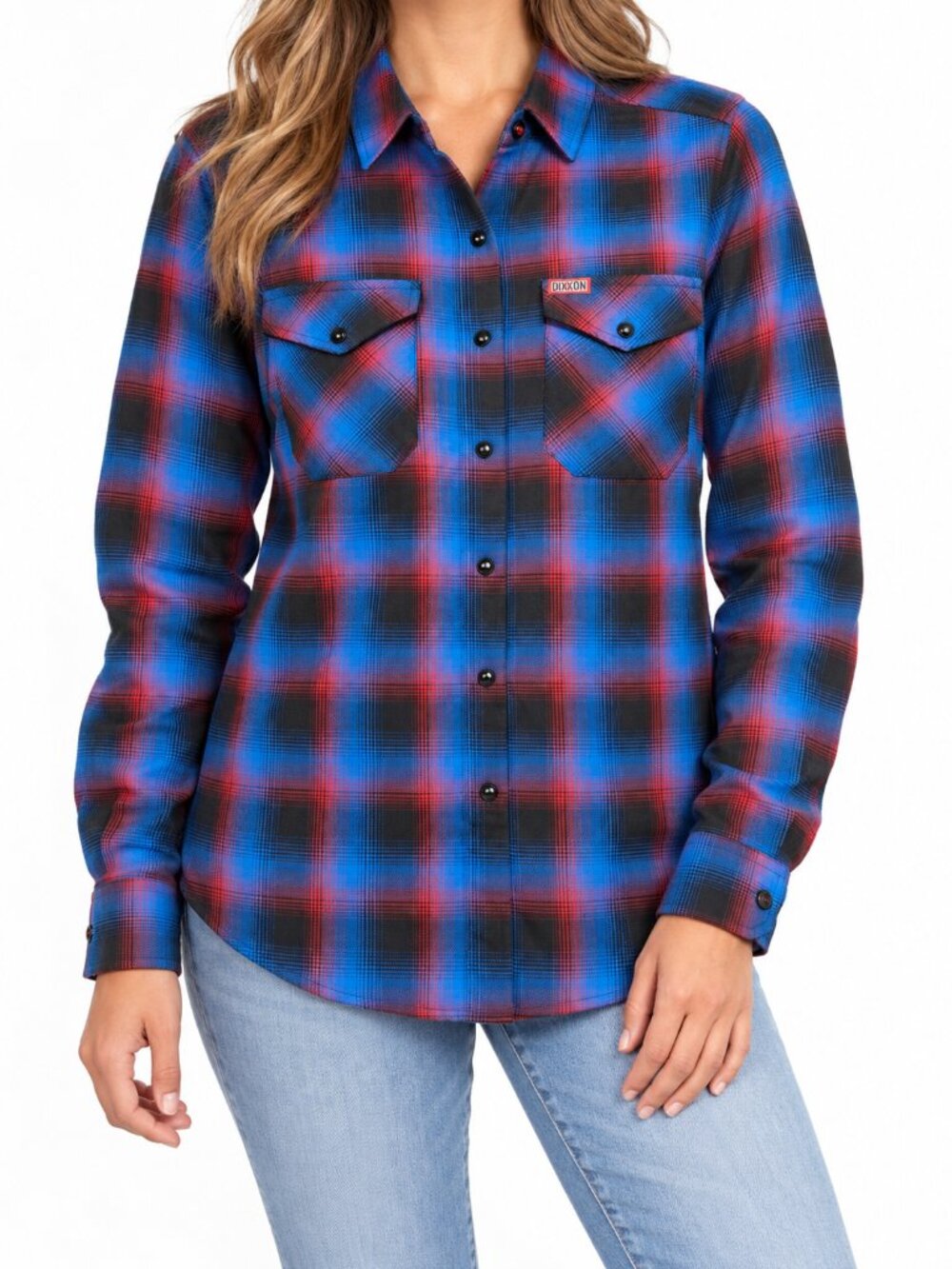 Dixxon The Jason Women’s Plaid Flannel Shirt Medium Blue Red Black